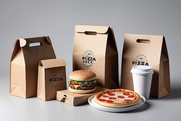 Vector realistic cardboard packaging set Pizza burger and fast food delivery boxes and packs blank shopping bags