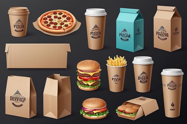 Vector realistic cardboard packaging set Pizza burger and fast food delivery boxes and packs blank shopping bags