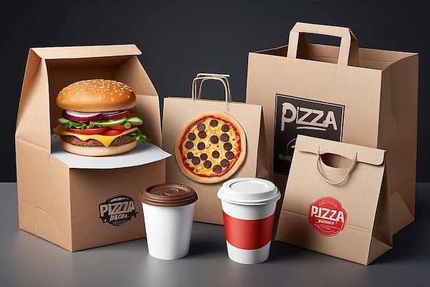 Photo vector realistic cardboard packaging set pizza burger and fast food delivery boxes and packs blank shopping bags