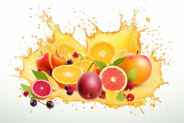 Photo vector realistic ftuiys juice splash burst composition with spray images and ripe tropical fruits on blank