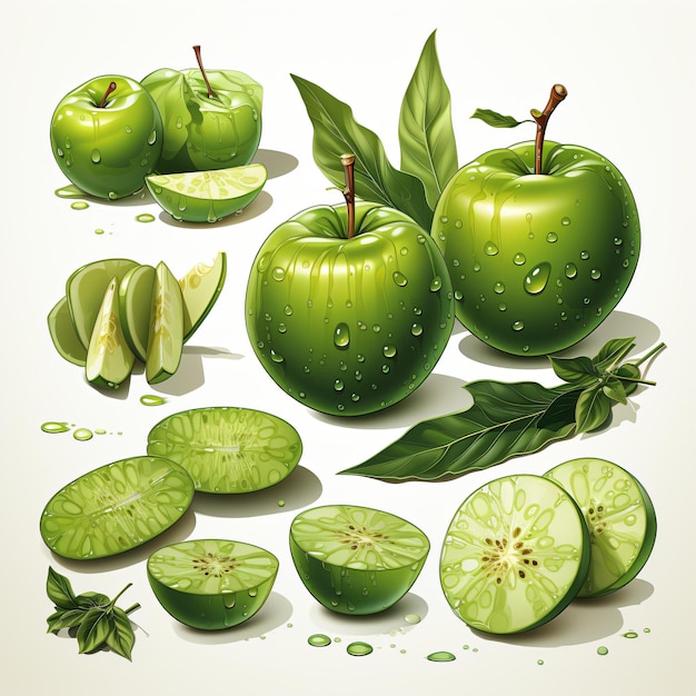 Vector Realistic Green Apple Assortment Whole Sliced Leaf Drops