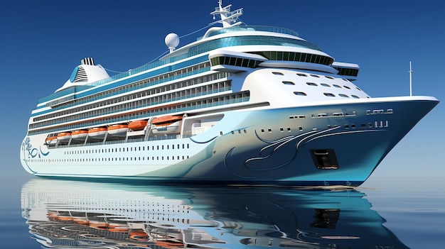 Vector realistic illustration of big white cruise ship at ocean or sea isolated on blue sky backgrou