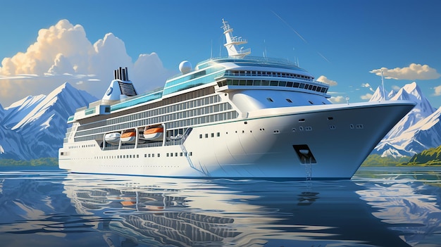 Vector realistic illustration of big white cruise ship at ocean or sea isolated on blue sky backgrou