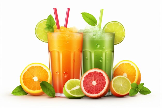 Photo vector realistic poster with citrus fruits and glasses of cold fresh juice on white