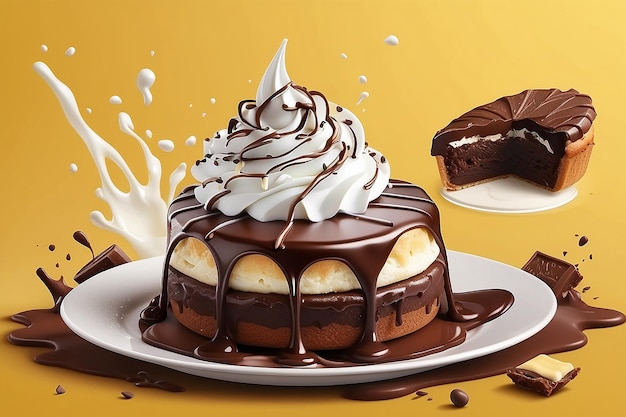 Vector realistische geïsoleerde illustratie van choco taart met melk souffle chocolade bedekte marshmallow