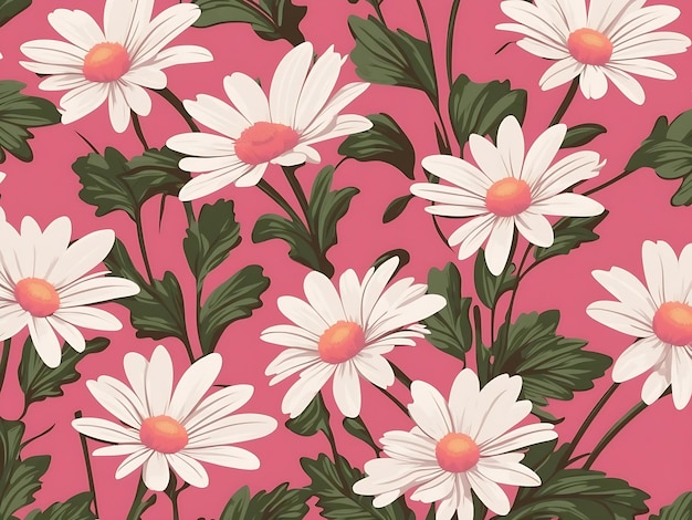 Vector retro seamless pattern with white daisies and pink background