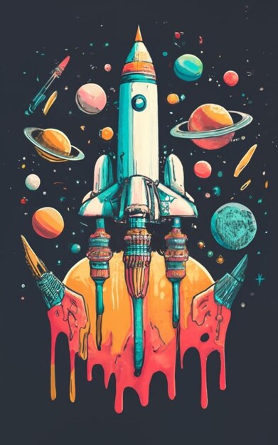 Vector Rocket Illustration for T shirt design Digital Art Background Water Color Splashes