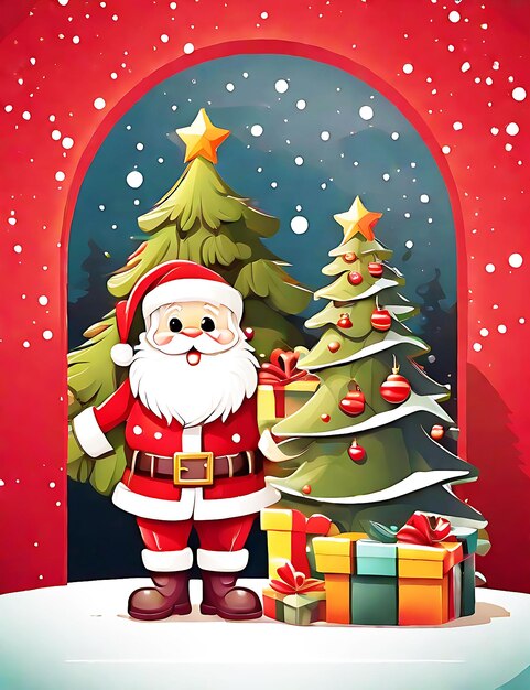 Вектор Санта рядом с рождественской елкой и подарок Ai сгенерирован
