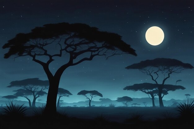 Vector Savannah landscape with acacia trees at night