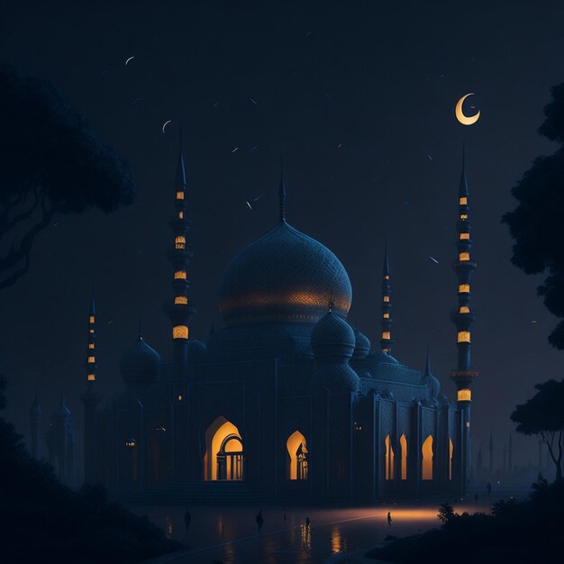 vector scene with mosque at twilight