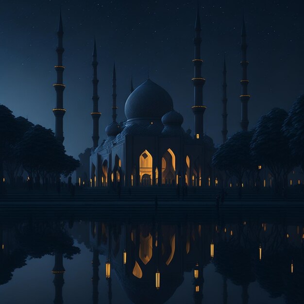 Vector scene with mosque at twilight