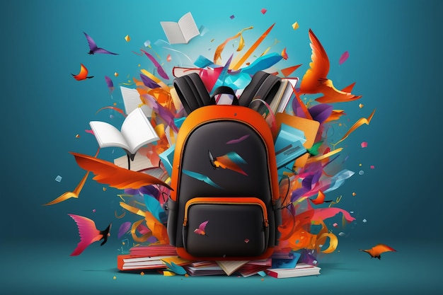 vector school backpack with colourful stationery flying out