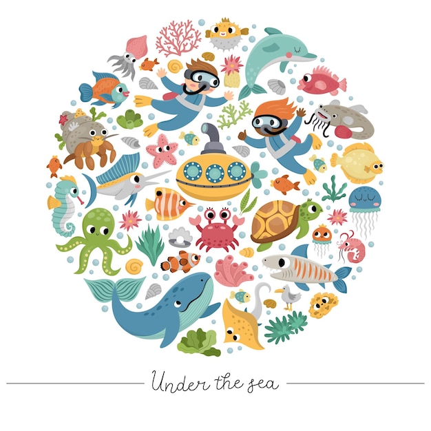 Vector under the sea round frame with divers submarine animals weeds Ocean card template design for banners invitations Cute illustration with dolphin whale tortoise octopus xA