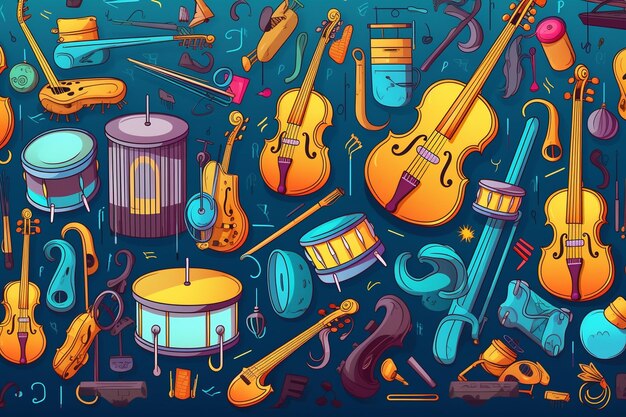 Photo vector seamless background with different cartoon musical insrtuments music art colors are on the separate groups