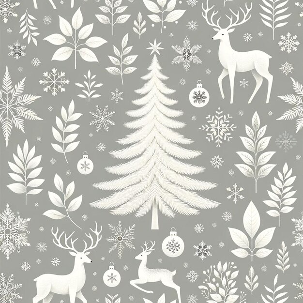 Vector seamless christmas pattern white tree deer leaves decorations snowflakes