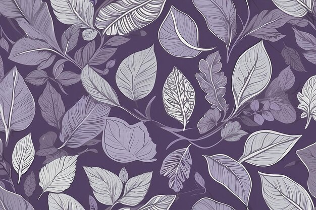 Vector seamless pattern Cute Doodle on a purple background Gray outline leaves