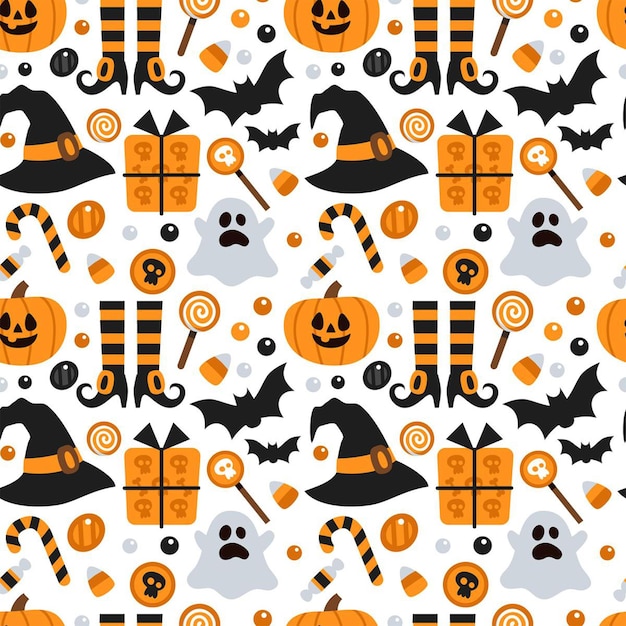 Vector seamless pattern for Halloween Pumpkin ghost bat candy