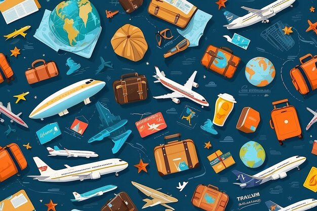 Vector seamless pattern of travelling on airplane Tourism background