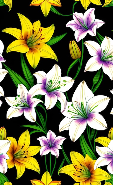 Vector seamless pattern with colorful lily flowers