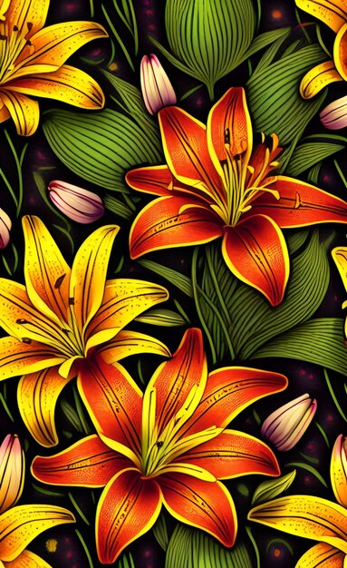 Vector seamless pattern with colorful lily flowers