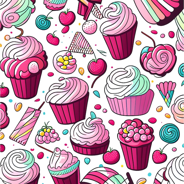 Foto disegno senza cuciture vettoriale con cupcakes