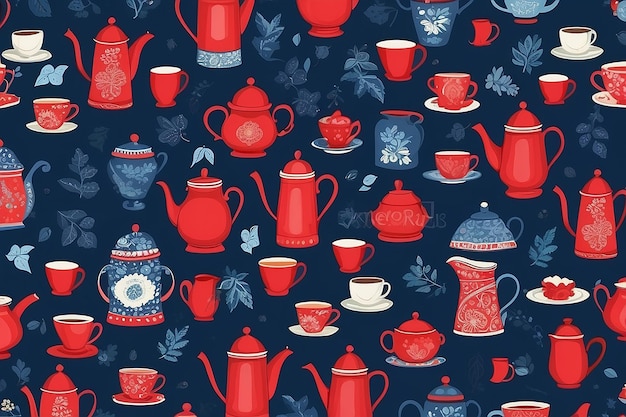 Photo vector seamless pattern with red coffeepots on dark blue background