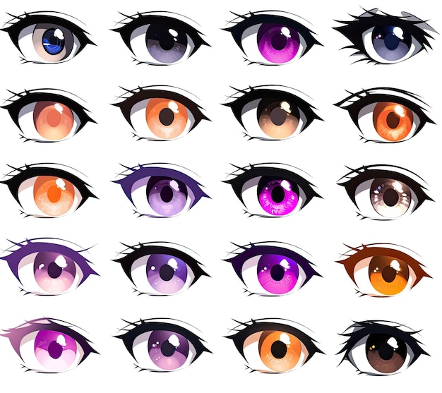 Vector set of beautiful female anime eyes with different colors Vector illustration