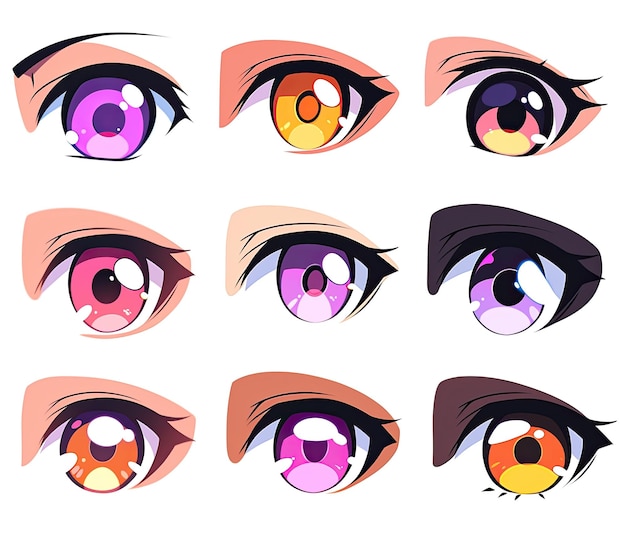 Vector set of beautiful female anime eyes with different colors Vector illustration