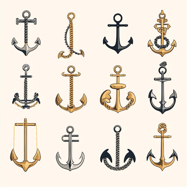 Vector set of different types of steel anchors icon