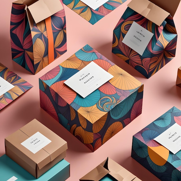 Vector set of gift boxes with pattern Paper packaging mockup