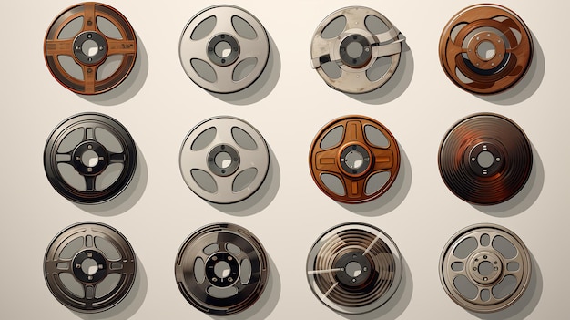 vector set of hand drawn film reels metal wheel train