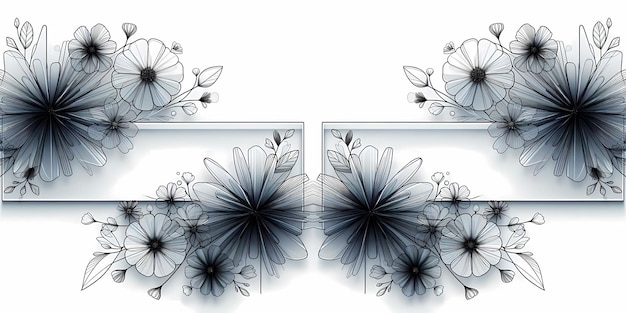 Vector set of horizontal banners with floral elements in black and white colors card design