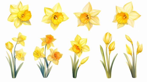 사진 색 배경에 고립 된 노란색 나포드릴의 터 세트 이른 봄 정원 꽃 나르시스의 꽃줄기 밝은 축제 축하 카드 포스터 배너를위한 클립 아트