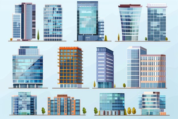 Photo vector set of office city buildings in flat style for commercial and workplace use