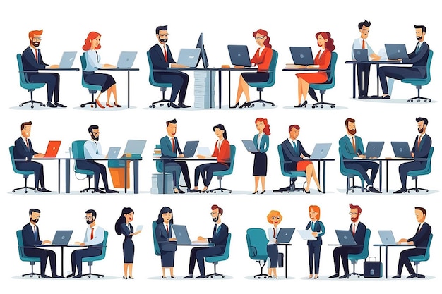 Vector set of office team characters icons People using laptops and working with documents Flat style design elements isolated on white background