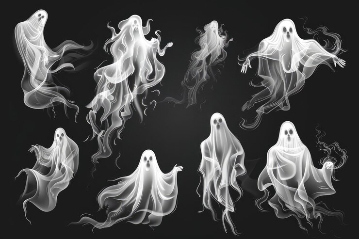 Photo vector set of transparent ghosts isolated on dark background halloween design elements white smoke and fog effect vector illustration