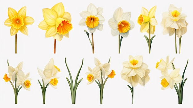 Vector set van gele narcissen geïsoleerd op witte achtergrond Vroege lente tuin bloemen Bouquet van narcissen Clip art voor heldere feestelijke groetekaart poster banner