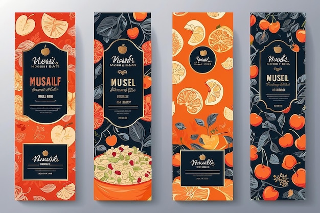 Vector set van sjablonen verpakking muesli bar label banner poster identiteit