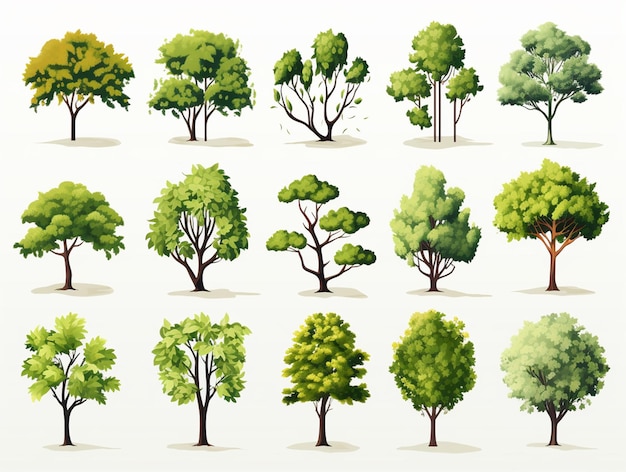 vector set van verschillende boom ontwerp witte achtergrond bomen stricker set typen groen