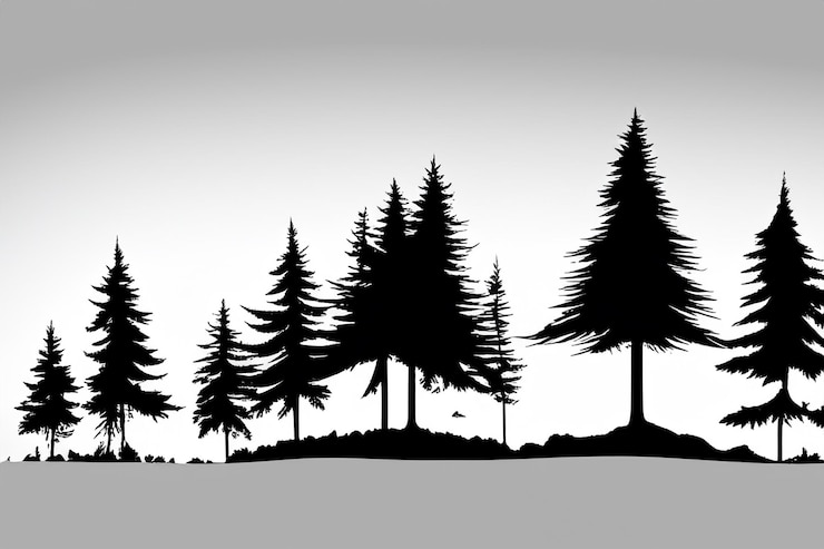 Foto vector silhouet van dennenbos met kleine en lange immergroene bomen op wit