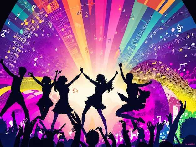 vector silhouette of an excited audience on a colourful music notes background