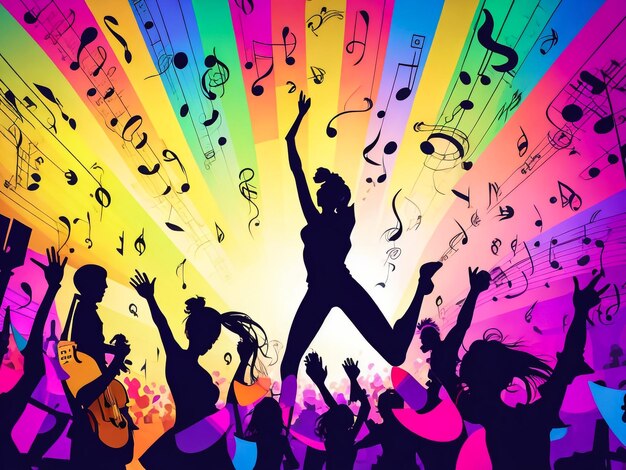 vector silhouette of an excited audience on a colourful music notes background