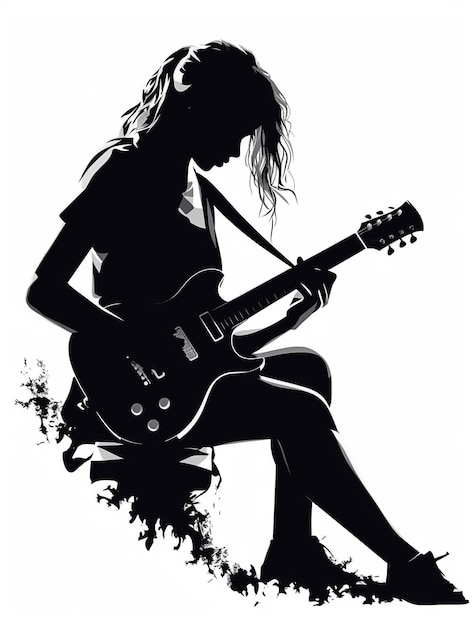 Vector silhouette of woman playing guitar on white background