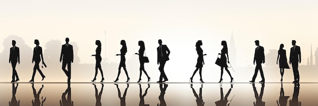 Vector silhouettes of men and a women a group of standing and walking business people black color