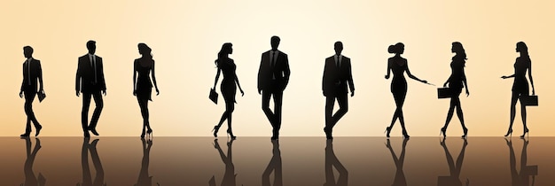 Vector silhouettes of men and a women a group of standing and walking business people black color