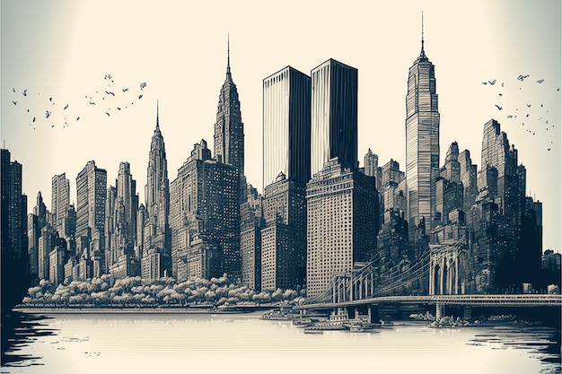 Vector sketch hand drawing panoramic new york city