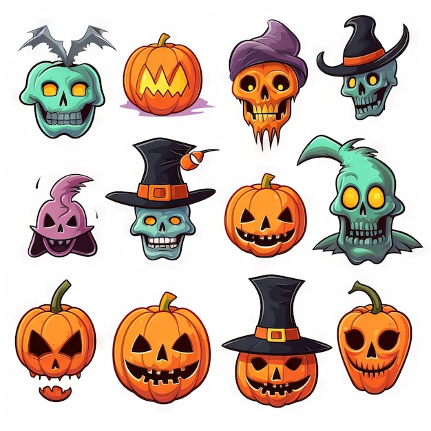 ベクトル笑顔と面白いハロウィーンのイラスト セット カボチャ ゴースト バット キャンディーの瓶 生成 AI