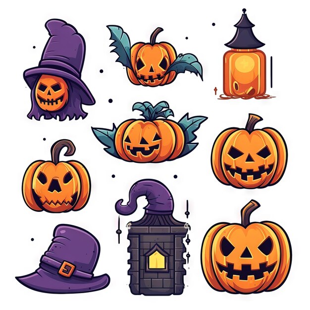 ベクトル笑顔と面白いハロウィーンのイラスト セット カボチャ ゴースト バット キャンディーの瓶 生成 AI