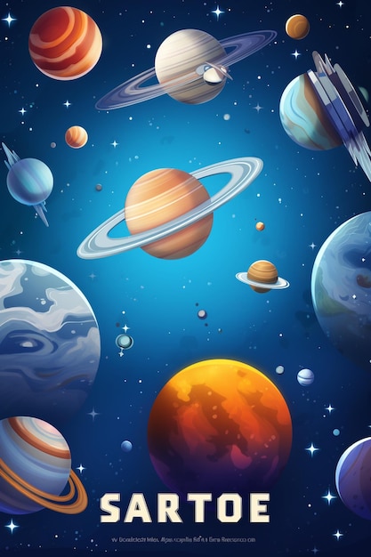 vector space poster with spaceship in cosmos with alien planets asteroids and stars