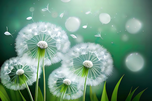 Vector of spring background with white dandelions Generative Ai